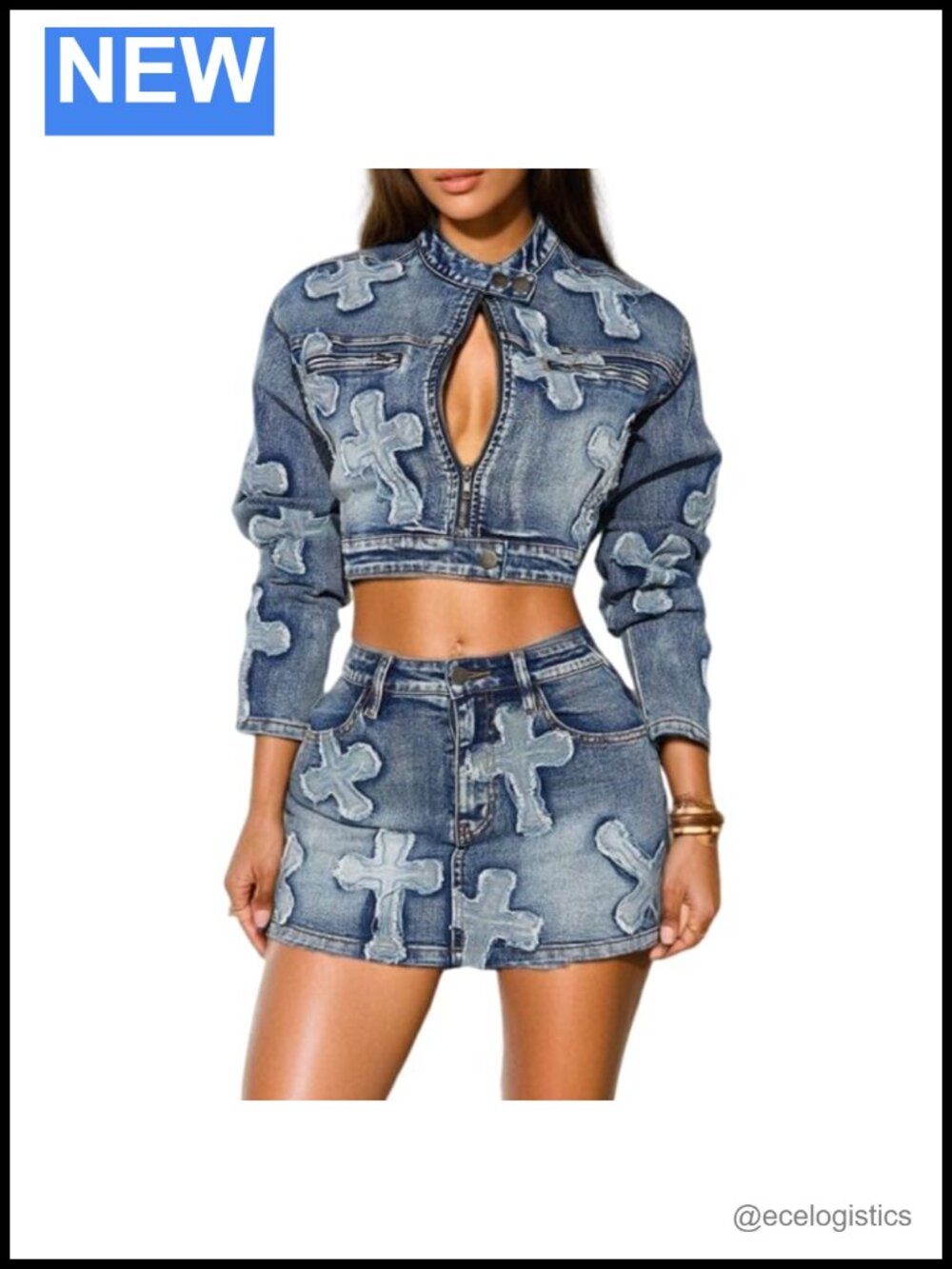 Women's 2 Piece Denim Outfit Jacket Top Mini Skirt Set Nylon